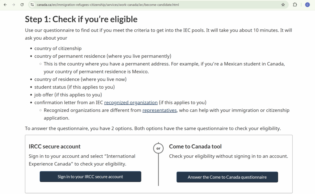 IEC Come to Canada Tool